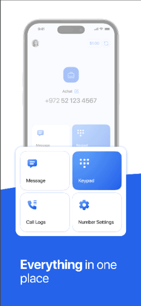 KavIL home screen with messaging, keypad, call logs and number settings